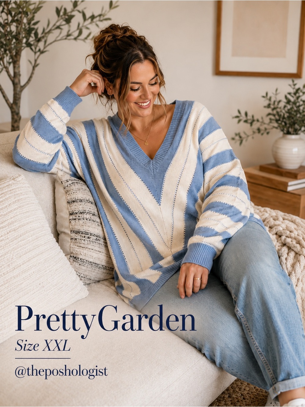 New Pretty Garden Striped V-Neck Sweater in Light Blue and Off white Size XXL